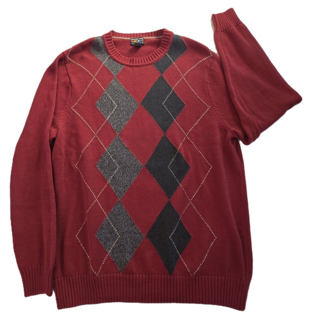 Alexander Julian Colours Mens Red‎ Argyle Sweater XLT 100% Cotton Crew Neck